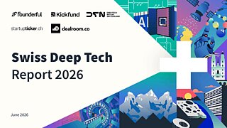Cover of the Swiss Deep Tech Report 2026 featuring the Swiss cross and illustrations representing artificial intelligence, robotics, advanced computing, research and innovation.
